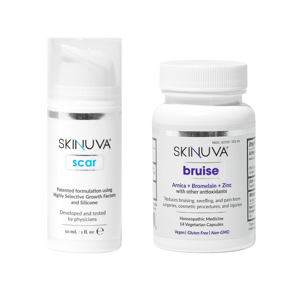 Skinuva® Scar (1 oz) " Bruise (14 cápsulas) - Advanced Silicone Cream Formulado con Factores de Crecimiento " Homeopático Bruise Remedy Formulado con Arnica, Bromelain " Zinc
