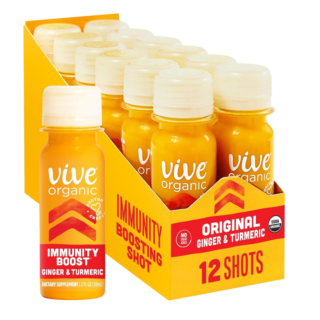 Vive Organic Immune Support Shot, Cold-Presed Ginger, Turmeric, " Echinacea, Gluten Free, Vegan, Immunity Boost Original, 2 Fl Oz (Pack of 12)