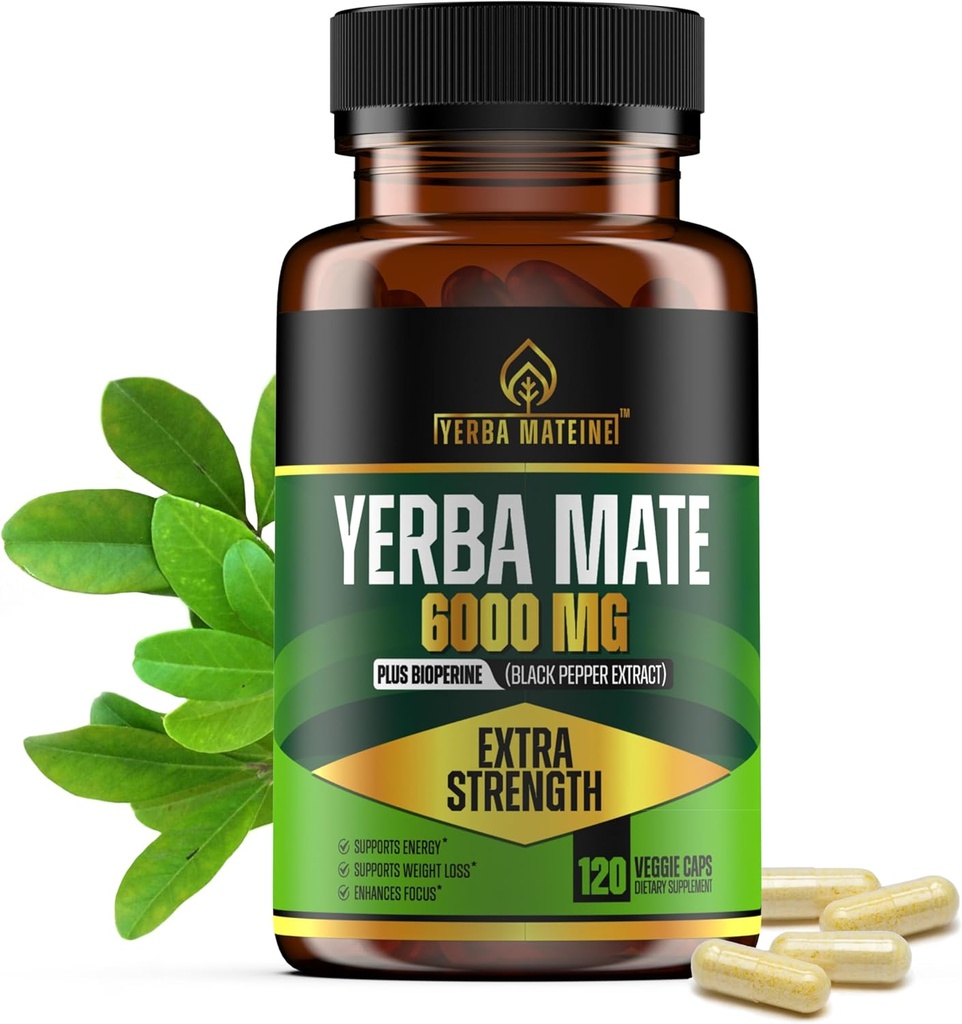 6000mg Extra Strength Yerba Mate High Potency, 60mg Caffeine Per Capsule, Extract Pills Suplementos para Energía Natural Limpia, Enfoque mejorado, Concentración, Nootropics, Made in USA - 120 Caps