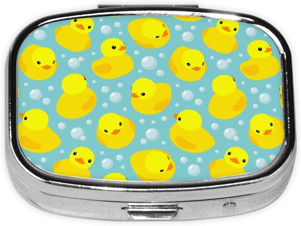 Caja pequeña de la pila Patos de goma amarilla, Cute Pill Case for Purse, Metal Travel Pill Holder Portable Pill Container Almacenamiento para Suplemento, Vitamina, Fish Oil, Medicina