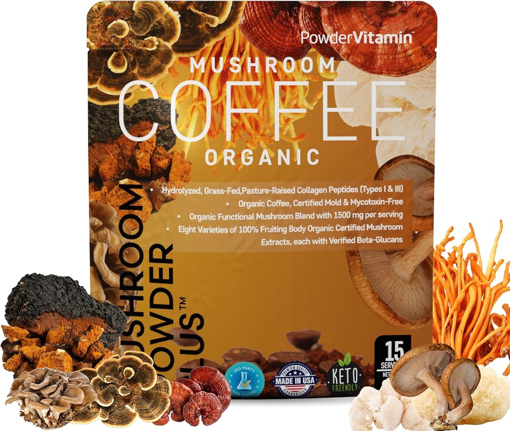 PowderVitamin Organic Mushroom Coffee Certified Mold & Mycotoxin Free GrassFed Collagen Types I & III 8 Fruiting Body Mushrooms Tested for BetaGlucans Focus Energy Digestion & Immunity 15 Servings