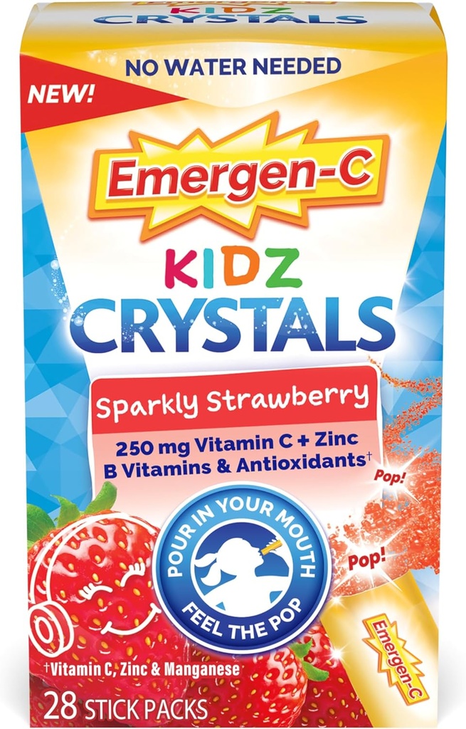Emergen-C Kidz Crystals, On-The-Go Immune Support Supplement with Vitamin C, B Vitamins, Zinc y Manganese, Sparkly Strawberry - 28 Stick Packs