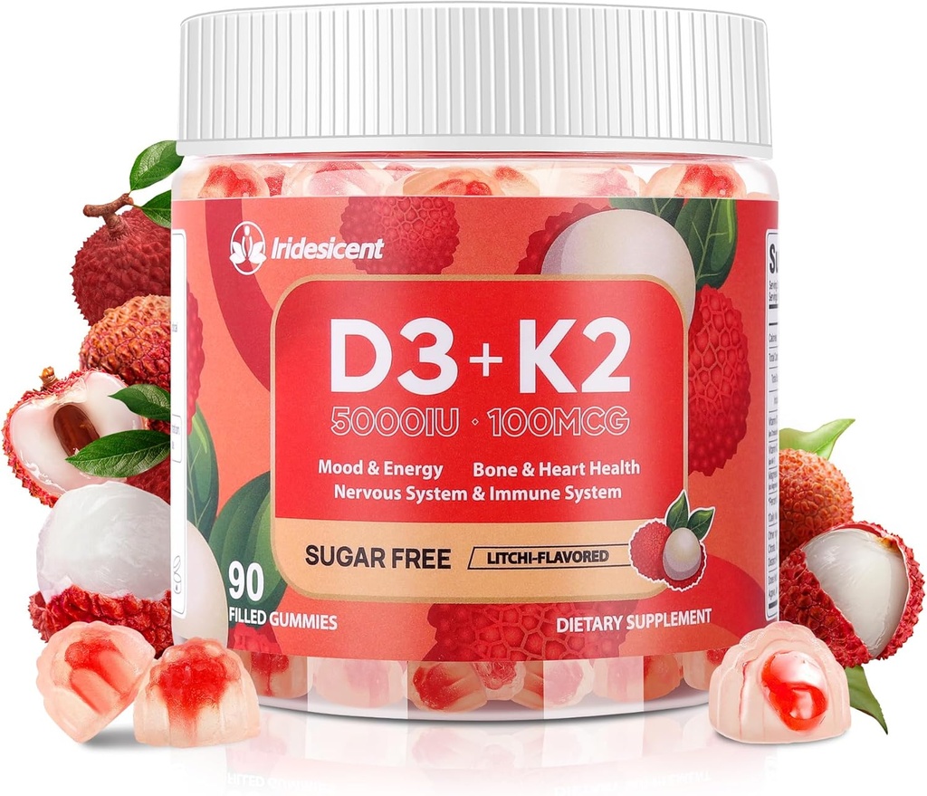 Vitamina D3 K2 Gummies w/Magnesium Sugar Gratis - 90 Conde Ø D3 Vitamina 5,000 UI + K2(MK-7) 100 mcg - Vegan K2 D3 Suplemento de vitaminas, Altamente Absorbentes Soportes Hueso, Musculo, Mood &amp; Immune(Lychee Flavor)