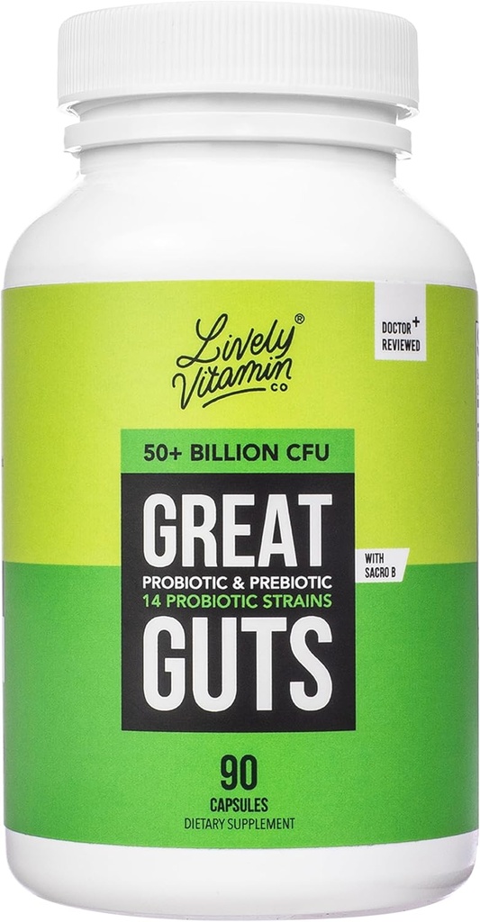LIVELY VITAMIN CO. Great Guts Probiotic 50 Billion CFU Probiotic - Balance Gut Microbiome, GI Tract, Inflammation, Indigestion, Reflux, Upset Stomach, & Diarrhea - 90 Caps
