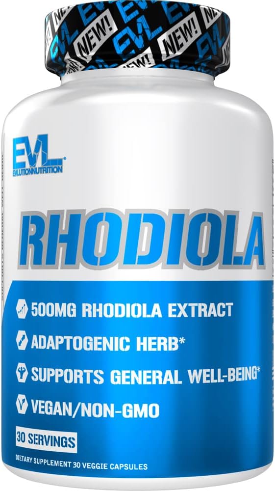 Herbal Adaptogen Rhodiola Rosea Capsules - 500mg Rhodiola Suplemento de Focus Energy y Mood Support - EVL Calming Stress Suplemento con vitaminas de enfoque cerebral para adultos - 30 cápsulas Vegan