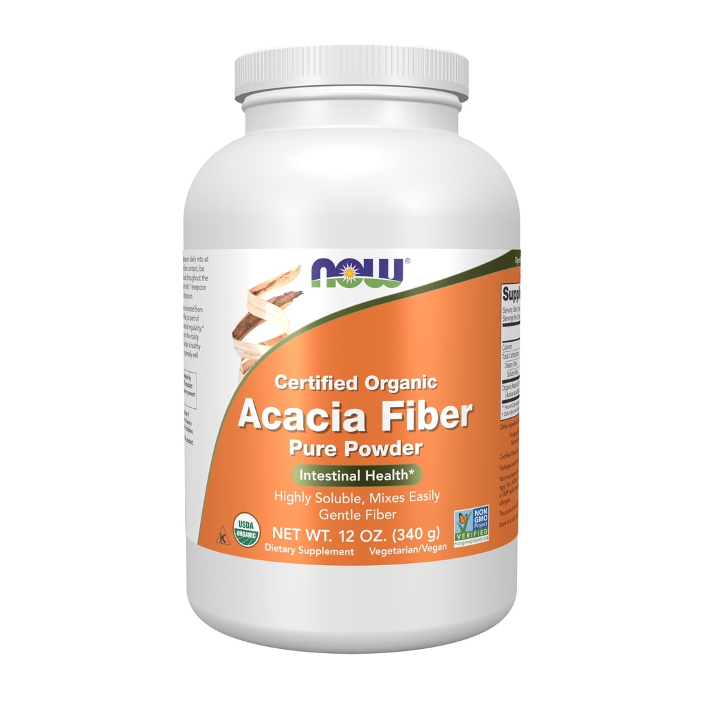 AHORA Suplementos de alimentos, Acacia Pure Powder, Certified Organic, Highly Soluble, Mixes Fácilmente, Salud intestinal*, 12-Ounce