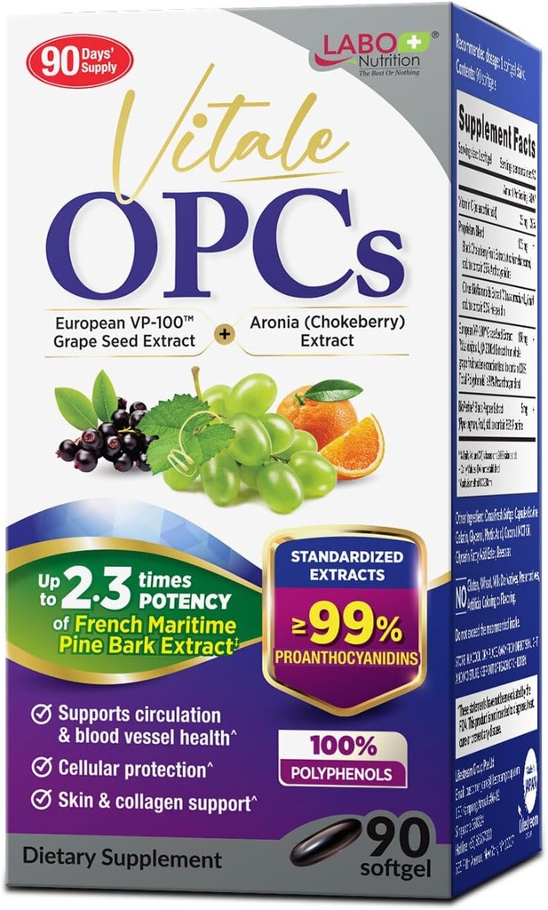 LABO Nutrición Vitale OPCs ← Premium European Grape Seed Extract with Aronia, Citrus Bioflavonoids ← Apoya la Circulación, la Salud de la Esquí y la Protección Celular