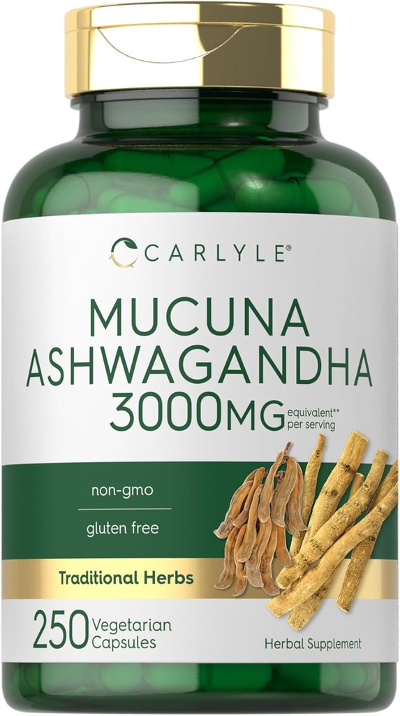 Carlyle Mucuna with Ashwagandha | 3000mg | 250 Capsules | Mucuna Pruriens Supplement | Vegetarian, Non-GMO, Gluten Free