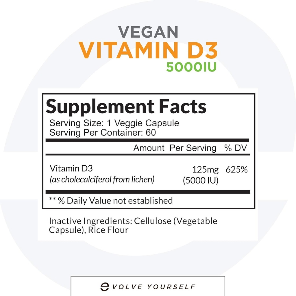 Vitamina Vegana D3 5000 UI Suplemento - Pura, Alta Potencia D3 Vitamina 5000 UI Suplementos para la Salud Inmune &amp; Huesos Fuertes Soporte - 120 cápsulas, proporcionando un suministro de 2 meses de VIT D3