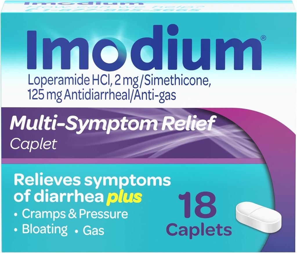 Imodium Multi-Symptom Relief Caplets, Loperamide Hydrochloride & Simethicone Anti-Diarrheal Medicine for the Relief of Diarrhea, Gas, Bloating, Cramps & Pressure, HSA/FSA Eligible, 18 ct