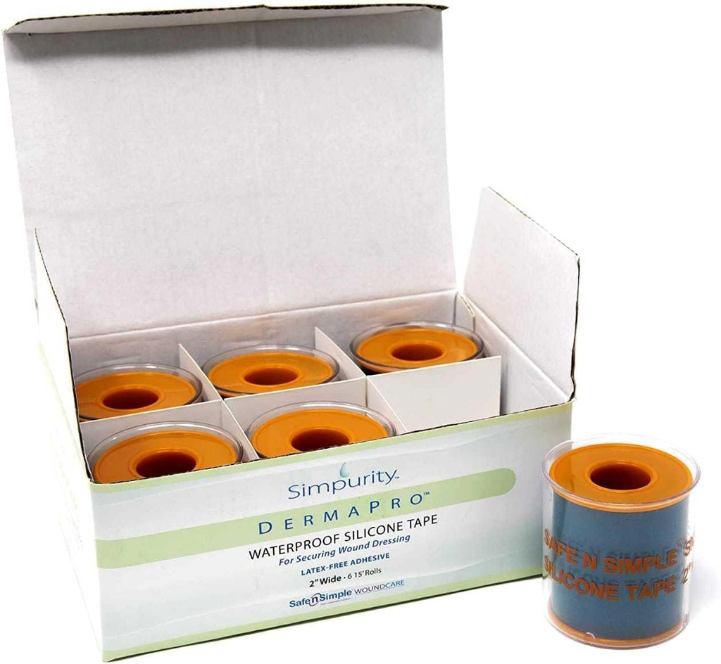 Simpurity DermaPro Silicone Tape impermeable -2"x15' paquete individual de 6- Latex gratis de cinta médica para el vestido de la herida de seguridad - Silicona Wound Tape curativo para la piel sensible impermeable