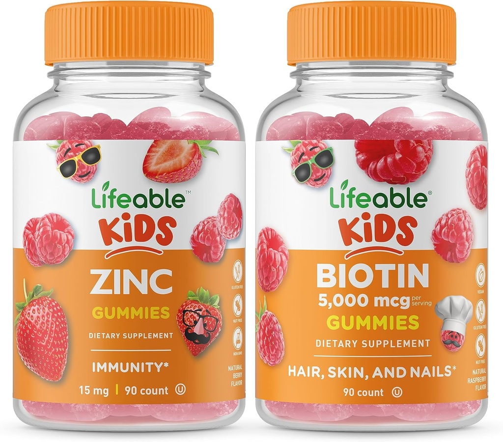 Niños Zinc Lifeable + Biotin Kids, Gummies Bundle - Gran Tasting, Suplemento de vitaminas, Gluten Gratis, GMO Gratis, Chewable Gummy