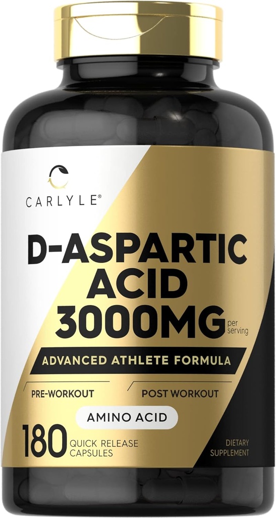 Carlyle D Aspartic Acid Supplement for Men and Women | 3000mg | 180 Capsules | DAA Pills | Advanced Athlete Formula | Non-GMO & Gluten Free Supplement