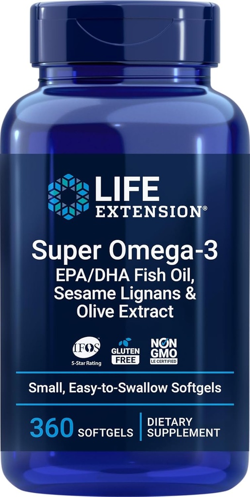 Super Omega-3 360 Softgels, Fácil de Tragar, EPA/DHA Omega3 Fish Oil, Sesame Lignans &amp; Olive Extract
