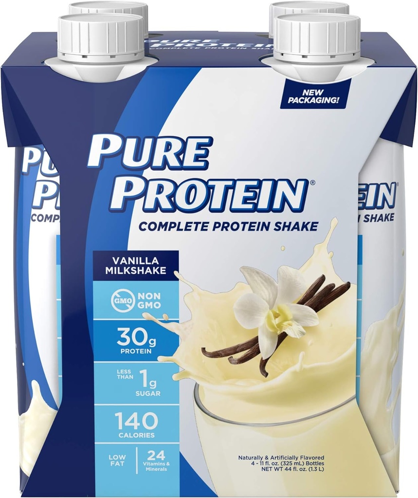 Proteína pura Vainilla Protein Shake ← 30g Proteína completa ← Listo para beber y Keto-Friendly ← Vitaminas A, C, D y E más Zinc para apoyar la salud inmune TEN 11oz Bottles ← 4 Pack