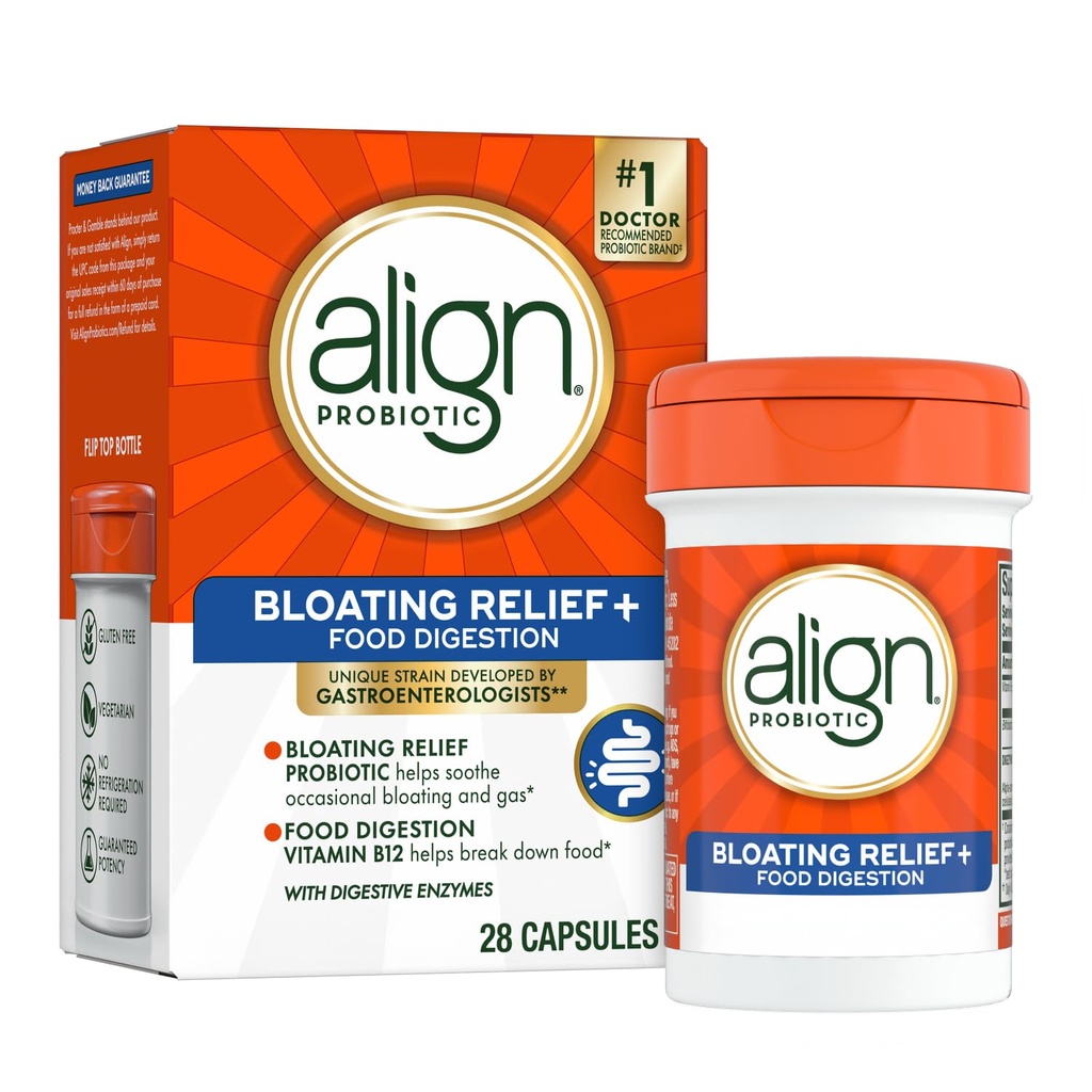Alivio de Bloating Probiótico Alineado + Digestión Alimentaria, Probióticos para Mujeres y Hombres, #1 Doctor Recomendado Marca‡, Promueve Salud Digestiva y ayuda a apoyar el metabolismo de la alimentación*, 28 cápsulas