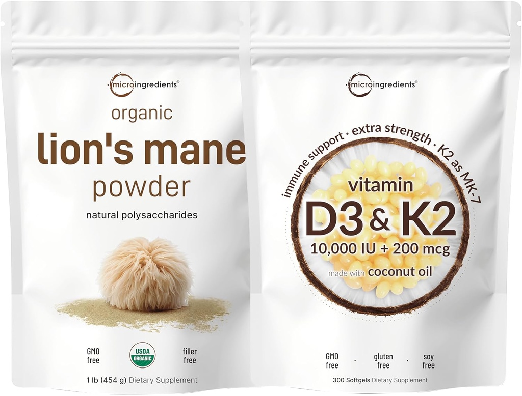Micro Ingredientes Vitamina D3 10,000iu + K2 200mcg Aceite de coco Softgels &amp; Lions Mane Mushroom Suplemento Powder Bundle 2 Pack ← Esencial Sunshine Vitaminas  durable Superfood natural for Brain, Energy, &amp; Immu