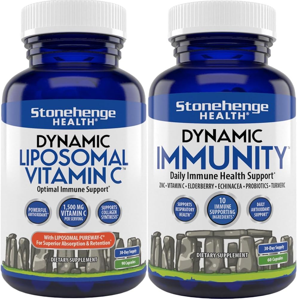 Stonehenge Health Dynamic Liposomal Vitamina C + Dynamic Immunity Bundle Suplementos para apoyar el sistema inmunológico, la síntesis de Collagen y la salud cerebral