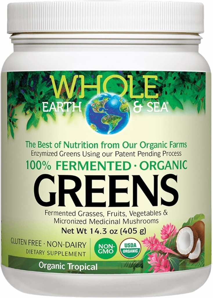 Total de la Tierra &amp; Mar de Factores Naturales, Verdes Fermentados Orgánicos, Suplemento Alimentario completo Vegano, Tropical, 14.3 Oz