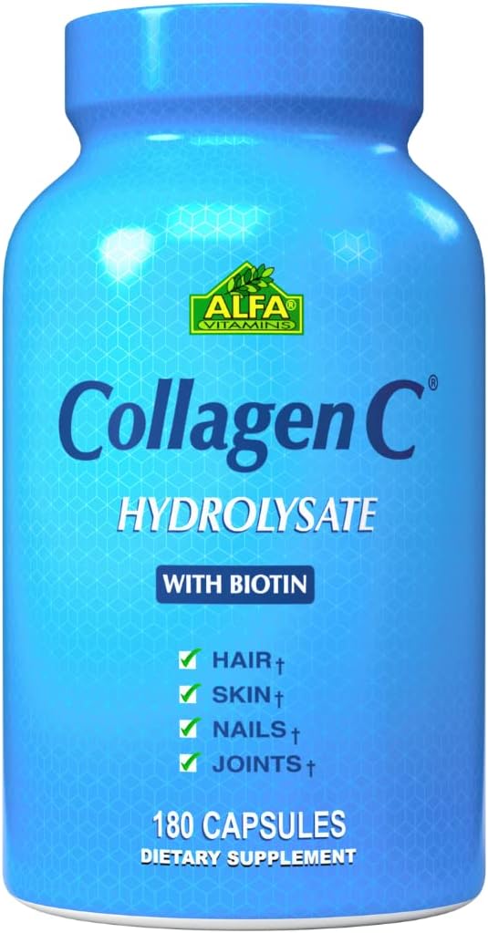 CollagenC - Colagen Hidrolysate Capsules with Biotin by Alfa Vitamins - Suplemento Nutricional Anti-Aging para la piel, uñas " Hair Rejuvenation - Supports Bone & Muscle - Made in USA - 180 Capsules
