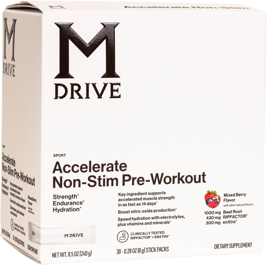 Mdrive Acelerar la Polvo Pre-Workout, Packets de Servicio Único, Berry mixto, 30 Cuenta (No estimulante, Berry mixto)
