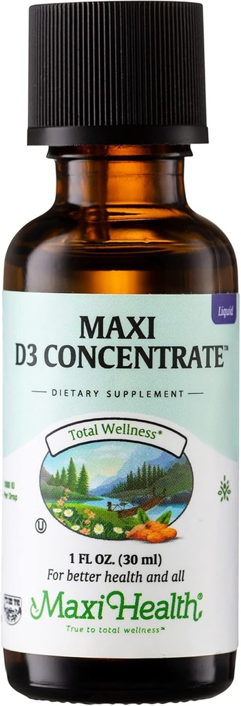 Maxi Health Vitamin D3 Concentrate - 1000 IU Per Drop - Suplemento dietético - Apoya la Absorción del calcio, la salud inmune y la salud ósea en hombres y mujeres adultos (1 fl oz)
