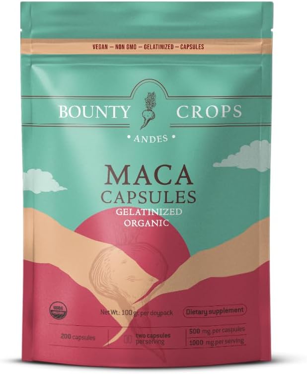 Organic Maca Powder CAPSULES-1000 mg por Serving, Gelatinized, Non-GMO, 200 cápsulas Vegan, Black, Red y Yellow Peruana Maca, Energy and Vitality Support.
