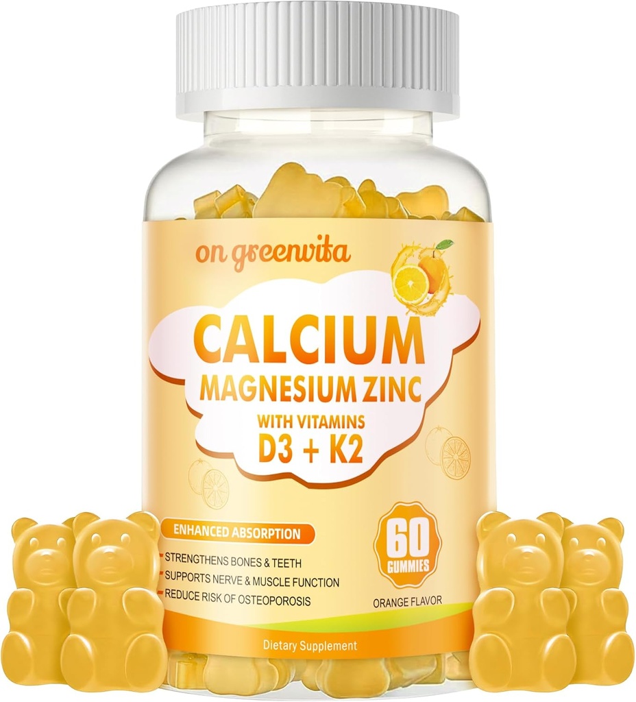 Calcium Magnesium Zinc Gummies with Vitamin D3 & K2 - High Potency Enhanced Absorption -60 Orange Gummies Flavored