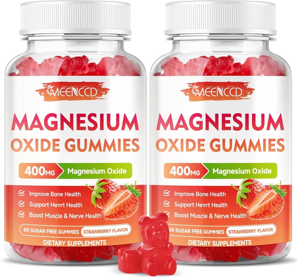 2 Pack Magnesium Oxide Gummies 400mg, Chewable Magnesium Oxide Supplement for Adults & Kids, Nerve & Muscle Support, Non-GMO, Sugar-Free, Strawberry Flavor, 120 Count