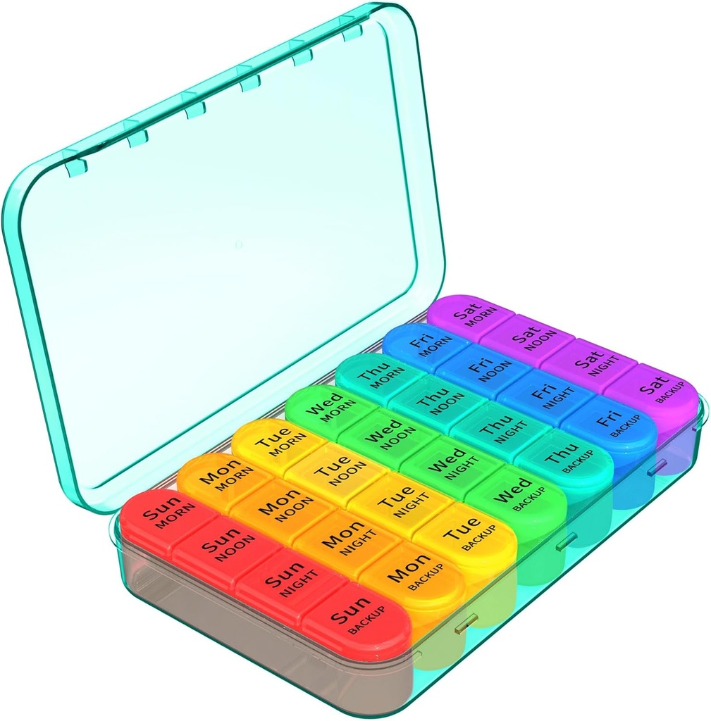 Organizador de píldoras Daviky 4 veces al día, caja de píldoras semanales caja de viaje, organizador diario de medicina 7 día, gran contenedor de píldoras para mantener vitaminas, píldoras, suplementos (cyan)