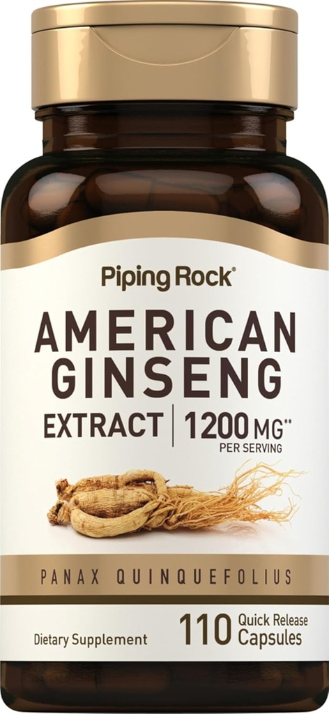 Piping Rock American Ginseng Capsules  1200 mg peru 110 Pills TENIDO Root Extract Supplement TEN Panax Quinquefolius TEN Non-GMO, Gluten Free