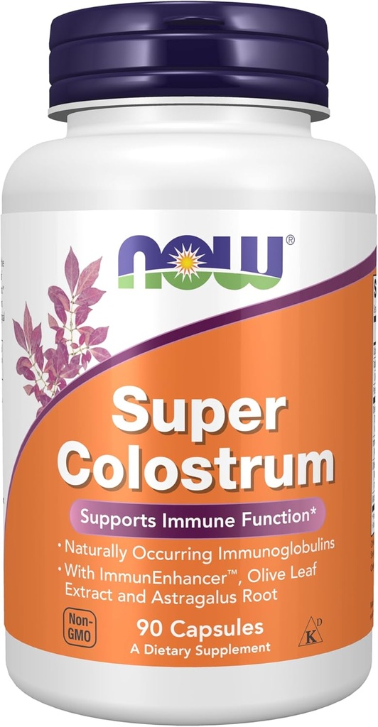 AHORA Suplementos de alimentos, Super Colostrum 500 mg, Inmunoglobulinas de origen natural con ImmunEnhancerTM, Extracto de hoja de oliva y raíz de astragalus, 90 cápsulas de veg