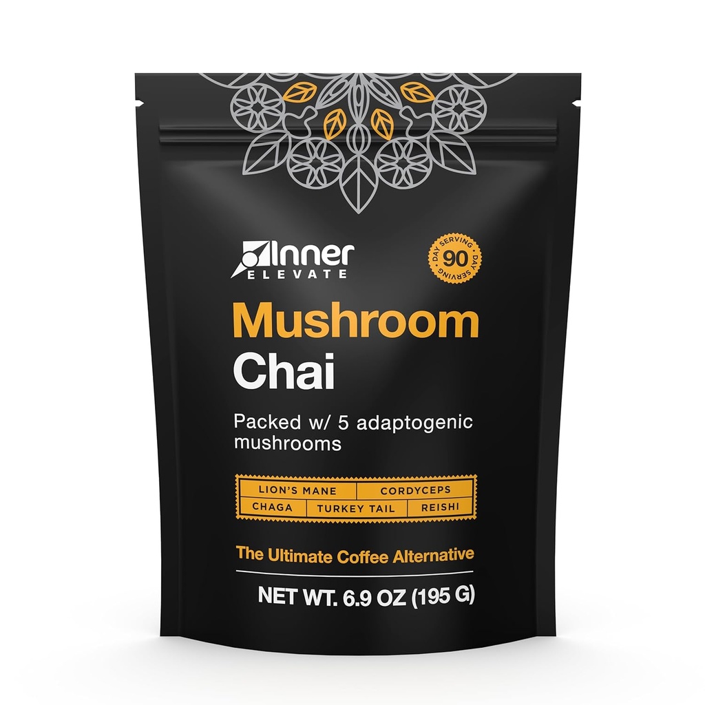 Inner Elevate Mushroom Chai - Ultimate Coffee Alternative - Adaptogenic Mushroom Tea Drink with Lion's Mane, Cordyceps, Chaga, Reishi, Turquía Tail (90 Servings)