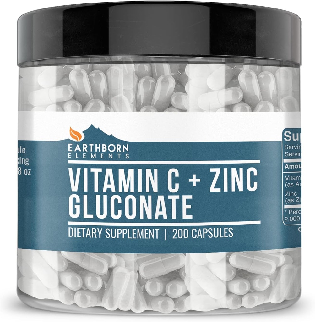 Elementos tercos Vitamina C Plus Zinc Gluconate Suplemento, (200 capsules) Apoyo a la salud englobado, no GMO, Gluten Free,