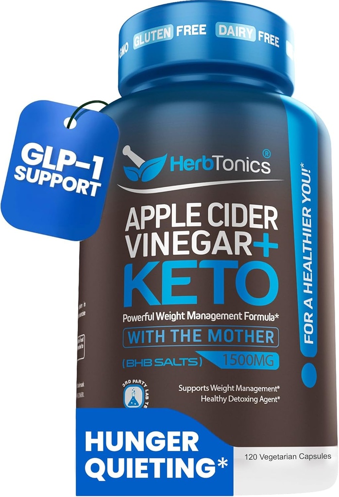 Herbtonics Apple Cider Vinegar con Keto BHB Salts - GLP-1 Apoyo Suplemento Silencio Keto Diet Pills for Women &amp; Men  Apoyo Appetite &amp; Metabolic Function ← 120 Keto ACV Capsules