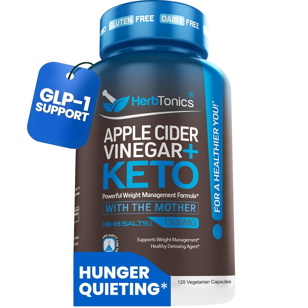 Herbtonics Apple Cider Vinegar con Keto BHB Salts - GLP-1 Apoyo Suplemento Silencio Keto Diet Pills for Women &amp; Men  Apoyo Appetite &amp; Metabolic Function ← 120 Keto ACV Capsules