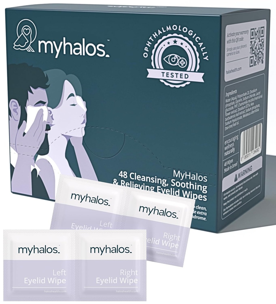 MyHalos® 48 Wipes hidratantes para el alivio de los ojos secos - Moisturizing " Soothing Eye Wipes with Tea Tree - Ayuda con el síndrome de Blepharitis " Computer Vision, Blepharitis Treatment for Eyelids, Cleanser