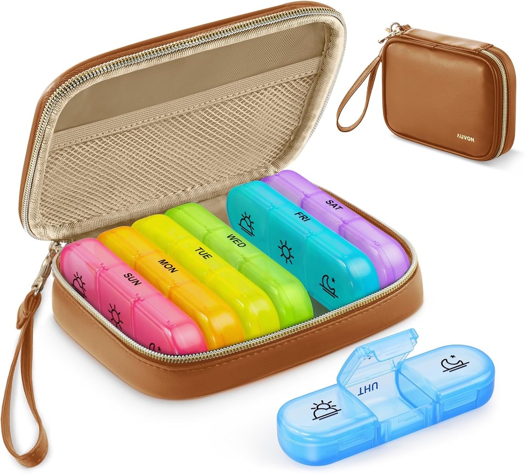 AUVON Weekly Pill Organizer 3 Times a Day, Large Pill Box 7 Day with A PU Leather Bag, Protabel Travel Pill Case Medication Reminder, Daily Pill Box 3 Times a Day for Vitamins, Fish Oils, Supplements