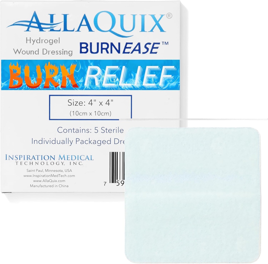 BurnEaseTM Hydrogel Burn Dressing Pads by AllaQuix – XL 4" Sterile Pads (Box of 5) ← Instant Cooling Relief for Burns, Scalds, Sunburn ← Moist Wound Healing Gel for First Aid &amp; Emergency Burn Care