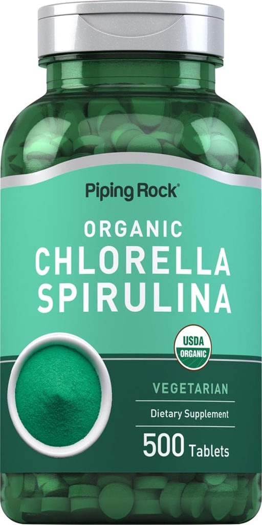 Piping Rock Chlorella Spirulina Orgánica ← 500 Tablets ¦ Vegetarian Pills Silencio No GMO, Gluten Suplemento Gratis