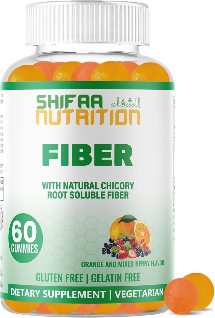 SHIFAA NUTRITION Halal " Gluten Free Fiber Gummies for Kids " Adults TEN 4g, 30-60 Servings TEN 60 Gummies ANTE mejora la salud digestiva, la inmunidad " Gut Health TEN Vegan Prebiotic  Non-GMO, Gelatin-Free
