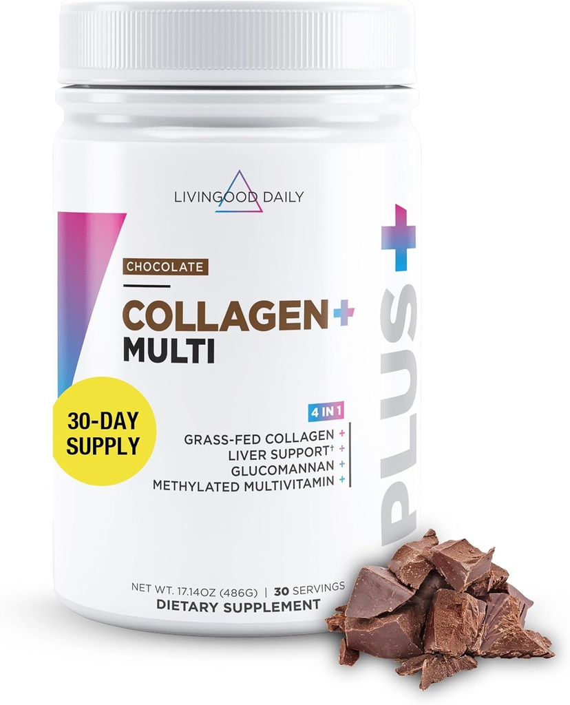 Livingood Daily Collagen Powder for Women & Men, Grass Fed Hydrolyzed Collagen Peptides, Protein & Multivitamins for Healthy Hair, Skin & Nails, Keto & Paleo, Gluten Free, Chocolate, 30 Servings