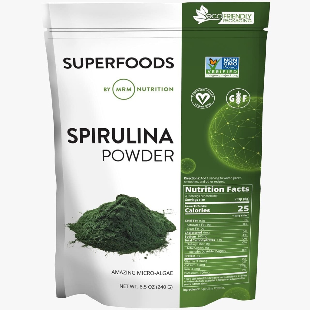 MRM Nutrición Spirulina Powder ← Superfood ← Planta completa Protein Silencio Gluten-Free + Vegan Silencio 40 Serviciones Silencio 8.5 Ounce