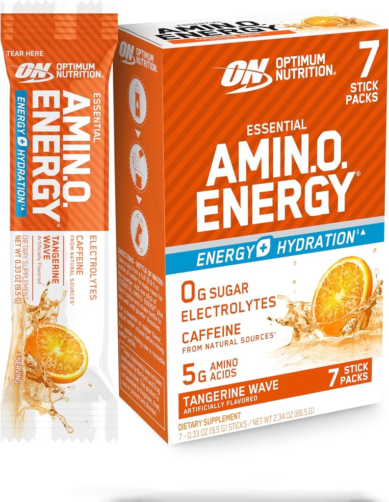 Optimum Nutrition Essential Amino Energy Plus Electrolytes Stick Packs, Energy Powder, Tangerine Wave, 7 Count
