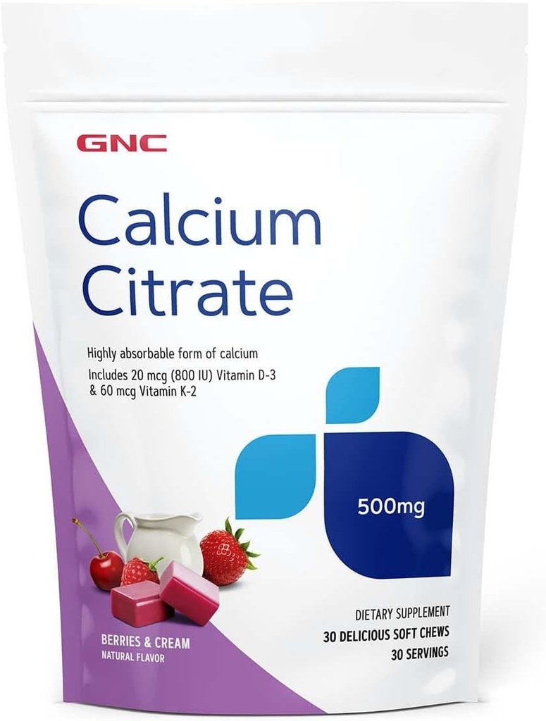 GNC Calcium Citrate 500mg Soft Chews, Highly Absorbable Form of Calcium, Berries & Cream, 30 Count