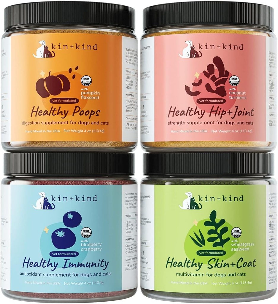 kin+kind Superfood Supplement Set for Dogs & Cats - Boost Immunity, Promotes Healthy Skin " Coat, Hip " Joint, Healthy Digestion - Made in USA - Superset (4 x 4 oz)