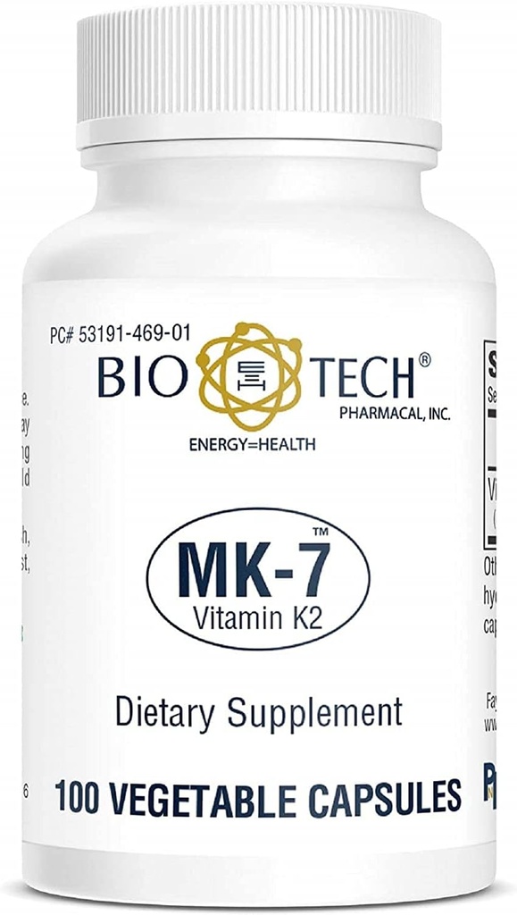Bio-Tech Pharmacal MK-7 (Vitamin K2), 100 cápsulas vegetales – suplemento natural – apoya la salud cardiovascular y bonificación – sin lácteos, peces, gluten, maní, mariscos, transgénicos, kosher, haal, soja –