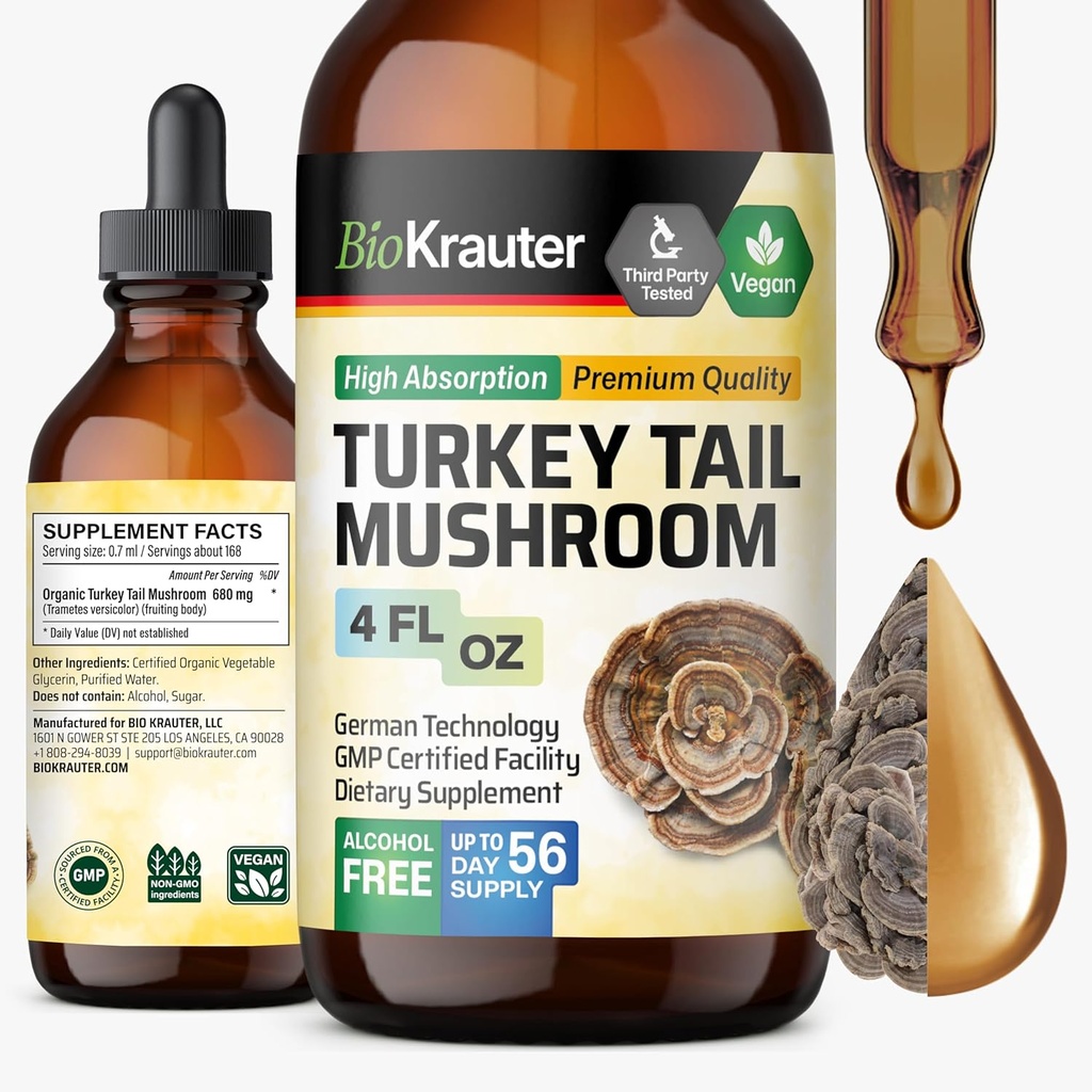 BIO KRAUTER Turquía Tail Mushroom Suplemento - Turquía Tail Extract for Immune Support - Vegan, Alcohol &amp; Sugar Free Drops 4 Fl.Oz.