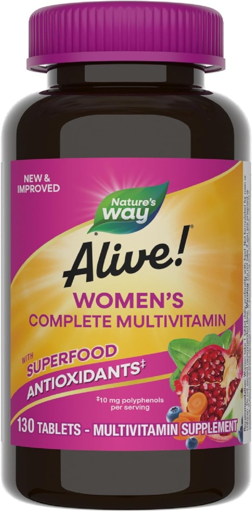 ¡La naturaleza está viva! Multivitaminas completas diarias para las mujeres, apoya el metabolismo energético, el cabello, la piel y las uñas*, B-Vitamins, antioxidantes superalimentos, 130 tabletas (paquete mayo Vary)