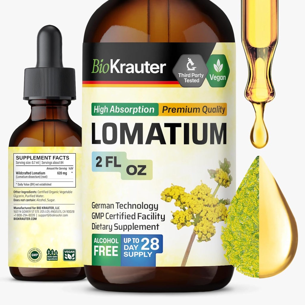 BIO KRAUTER Lomatium Root Tincture - Vegan Respiratory Support Supplement - Lomatium Dissectum Liquid Extract - Alcohol &amp; Sugar Gratis - 2 Fl.Oz.